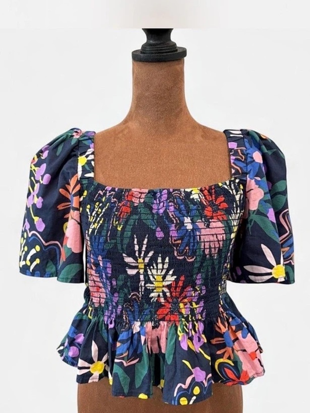 Corey Lynn Calter Bexley Floral Smocked Boho Peplum Puff Sleeve Top S like new